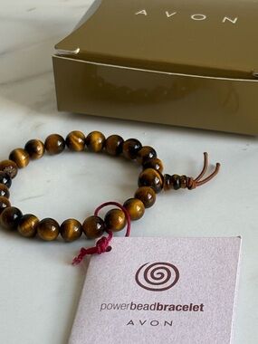 Vintage 90s Avon “Power Bead” Tiger’s Eye Courage Stretch Bracelet NIB